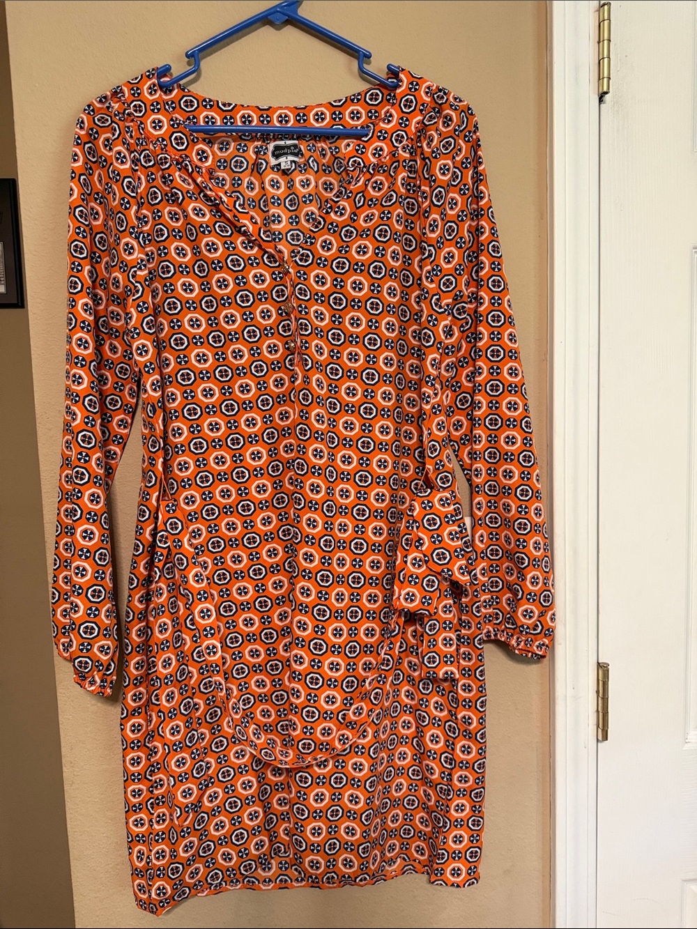 Mud Pie Orange Printed Long-Sleeve Shift Dress with Navy & White Medallions